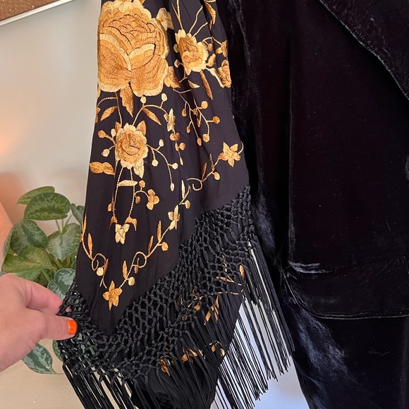 Free People Bali Rosalina Duster, Black Velvet, Gold Embroidery, Fringe Sleeves - Picture 5 of 9